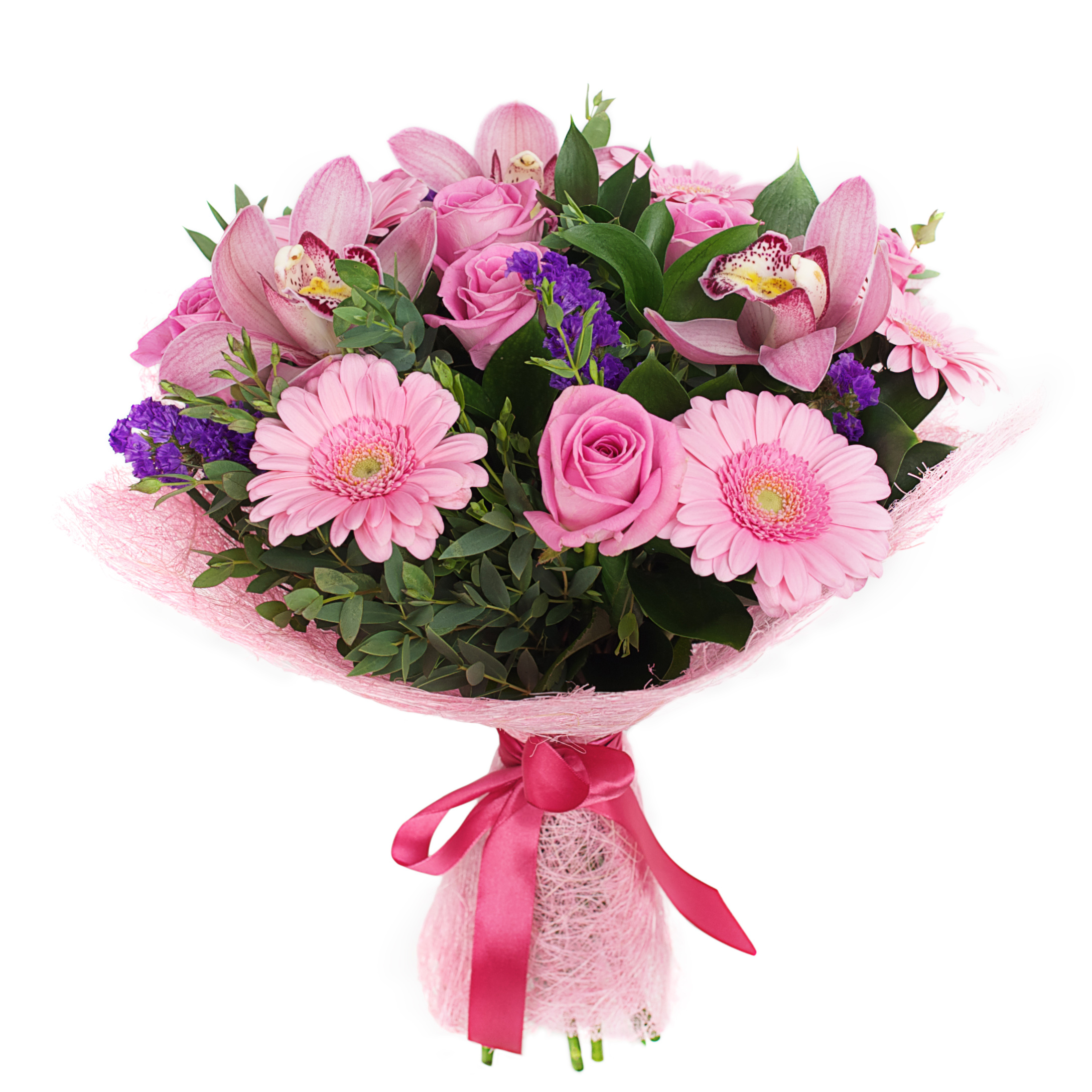 A beautiful combination of fresh pink orchids, premium roses, vibrant gerberas, and complementary seasonal flowers. Handcrafted by expert florists to create a lush, elegant bouquet with soft pink and purple hues. Accented with fresh green foliage to enhance the bouquet's natural beauty and texture. Wrapped in premium pink wrapping and finished with a matching satin ribbon for a sophisticated presentation. A graceful floral arrangement that perfectly expresses love, admiration, appreciation, and heartfelt wishes.