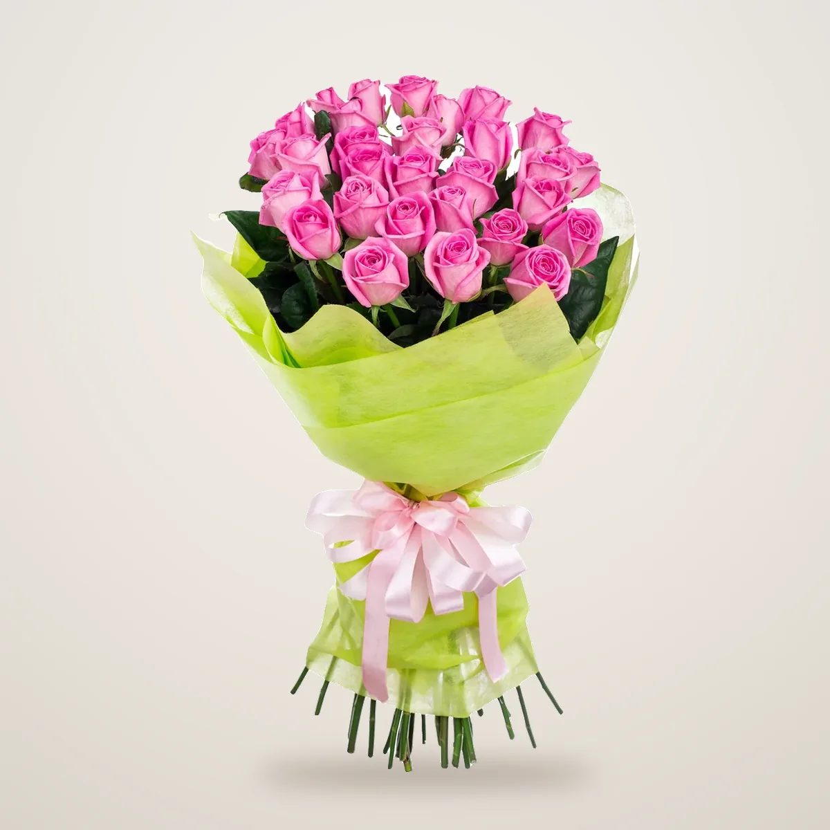 Bouquet of 30 pink roses in lime green wrap with a pink bow