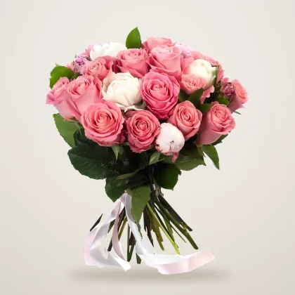 Pink rose and peony bouquet with pink roses and white peonies