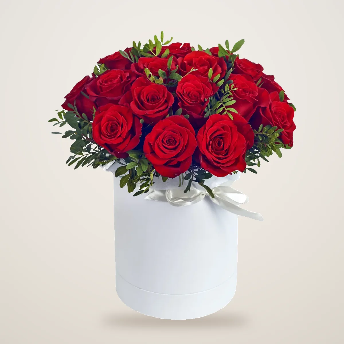 Red rose box with premium red roses in a round white hat box