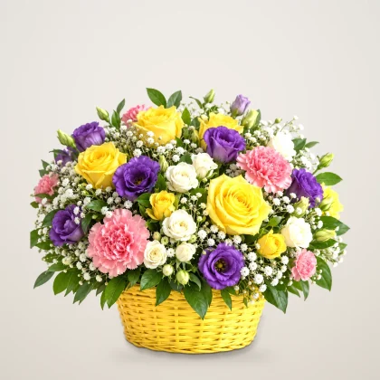 Colourful Chaos - yellow roses, spray roses, lisianthus and carnations in a yellow basket | 800petals