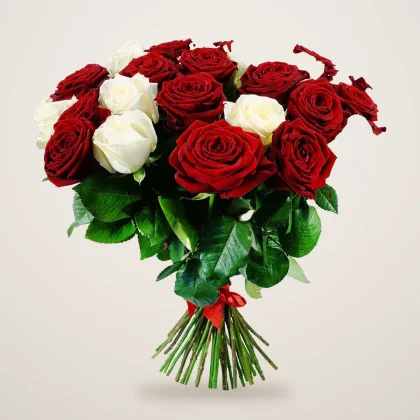 Dark red rose bouquet of crimson and cream roses hand tied