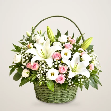 Evergreen Basket - white lilies, lisianthus and pink spray roses in a green basket | 800petals