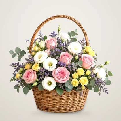 Floral Assortment - pink roses, lisianthus and limonium in a wicker basket | 800petals