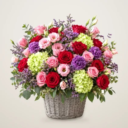 Large Floral Symphony Basket - roses, carnations, lisianthus and hydrangea in a grey basket | 800petals