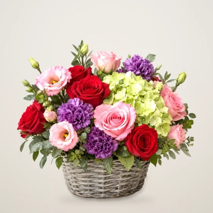 Small Floral Symphony Basket - roses, carnations, lisianthus and hydrangea in a small grey basket | 800petals