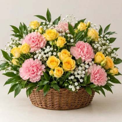 Happy Hues - yellow spray roses and pink carnations in a wicker basket | 800petals