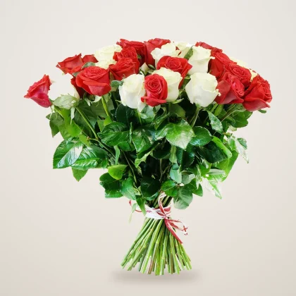 Hand-tied bouquet of red and white roses with a pink ribbon