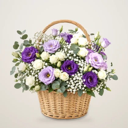 Lavender Love - purple lisianthus and white spray roses in a woven basket | 800petals
