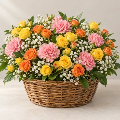 Mixed Basket - pink carnations with yellow and orange spray roses | 800petals