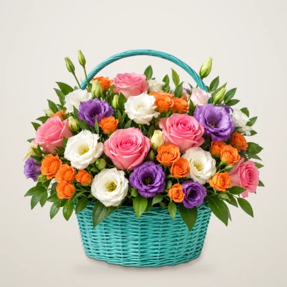 Mixed Flower Basket - pink roses, lisianthus and orange spray roses in a turquoise basket | 800petals