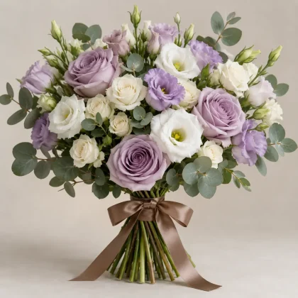 Mixed Pastel Bouquet - lavender roses, lisianthus and spray roses tied with a brown ribbon | 800petals
