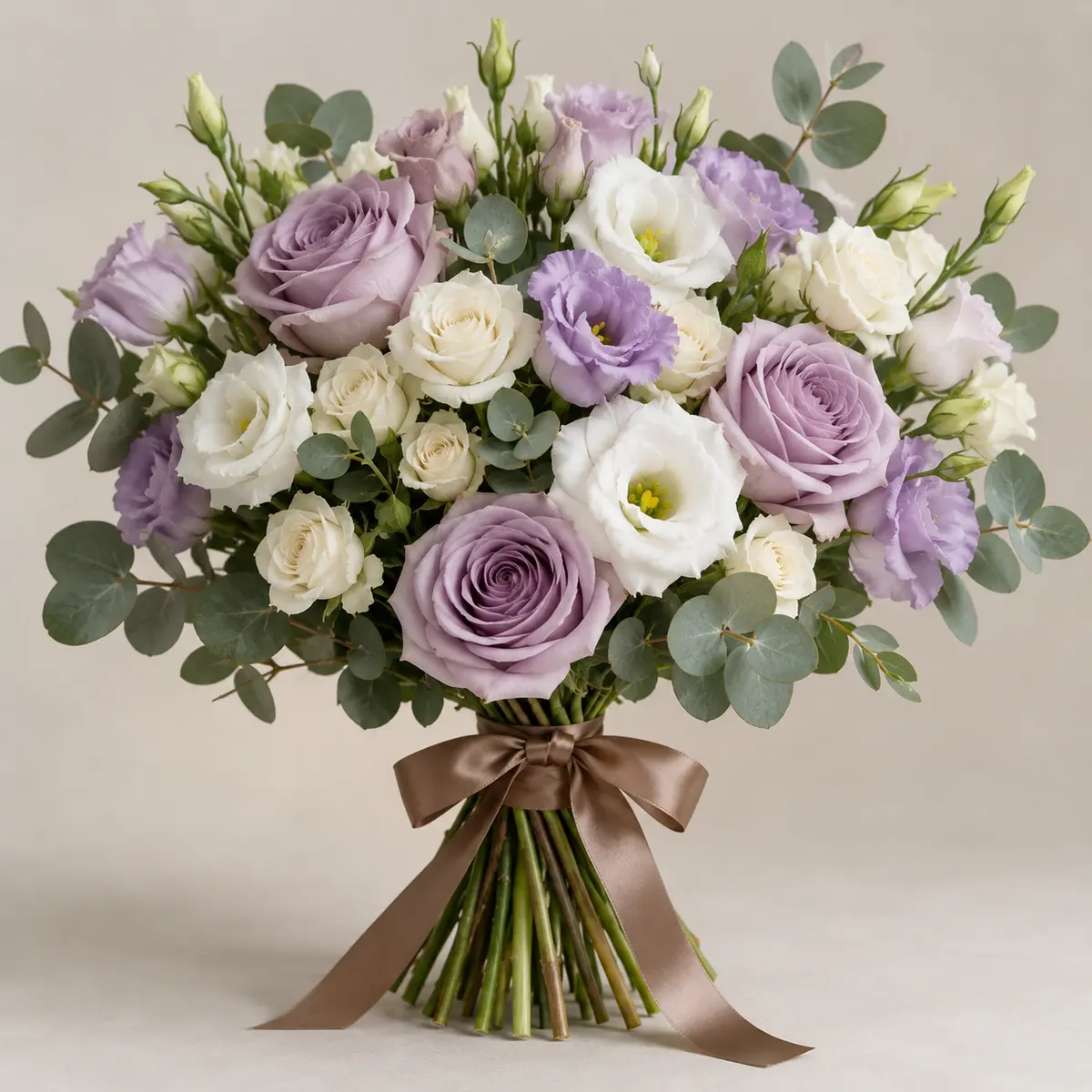 Mixed Pastel Bouquet - lavender roses, lisianthus and spray roses tied with a brown ribbon | 800petals