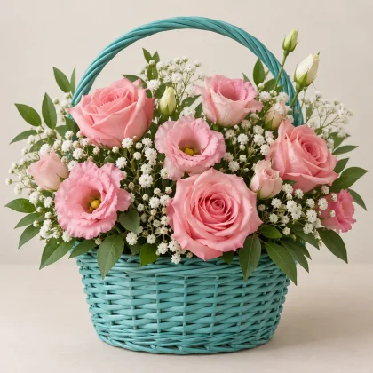Pink Elegance Basket - pink roses and lisianthus in a teal basket | 800petals