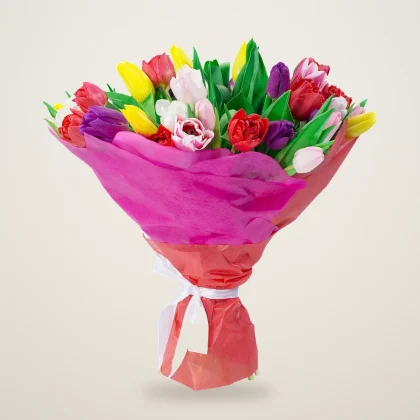Colorful tulip bouquet of red, pink, yellow, purple and white tulips in pink wrap