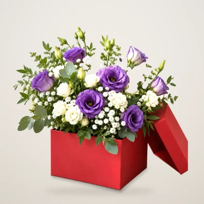 Purple & White Gift Box - purple lisianthus and white spray roses in a red gift box | 800petals