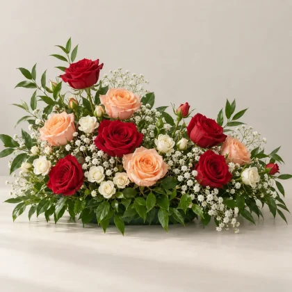 Red & Peach Roses Arrangement - red, peach and white roses with gypsophila | 800petals