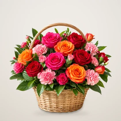 Rose Glow Basket - hot pink, red and orange roses with carnations in a woven basket | 800petals