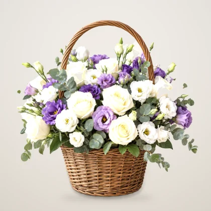 Royal Basket - white roses and lisianthus with eucalyptus in a wicker basket | 800petals