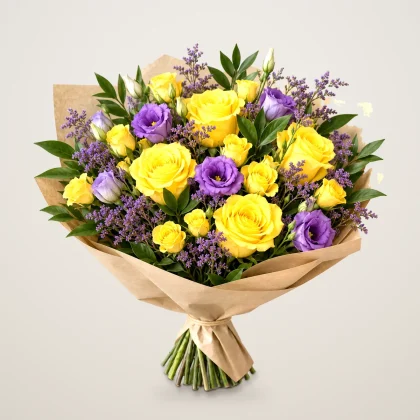 Sunny Skies and Purple Haze - yellow roses and purple lisianthus bouquet in kraft paper | 800petals