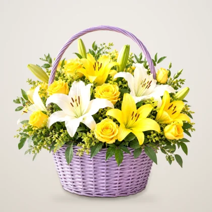 Sunshine in a Basket - yellow and white lilies with yellow roses in a lavender basket | 800petals