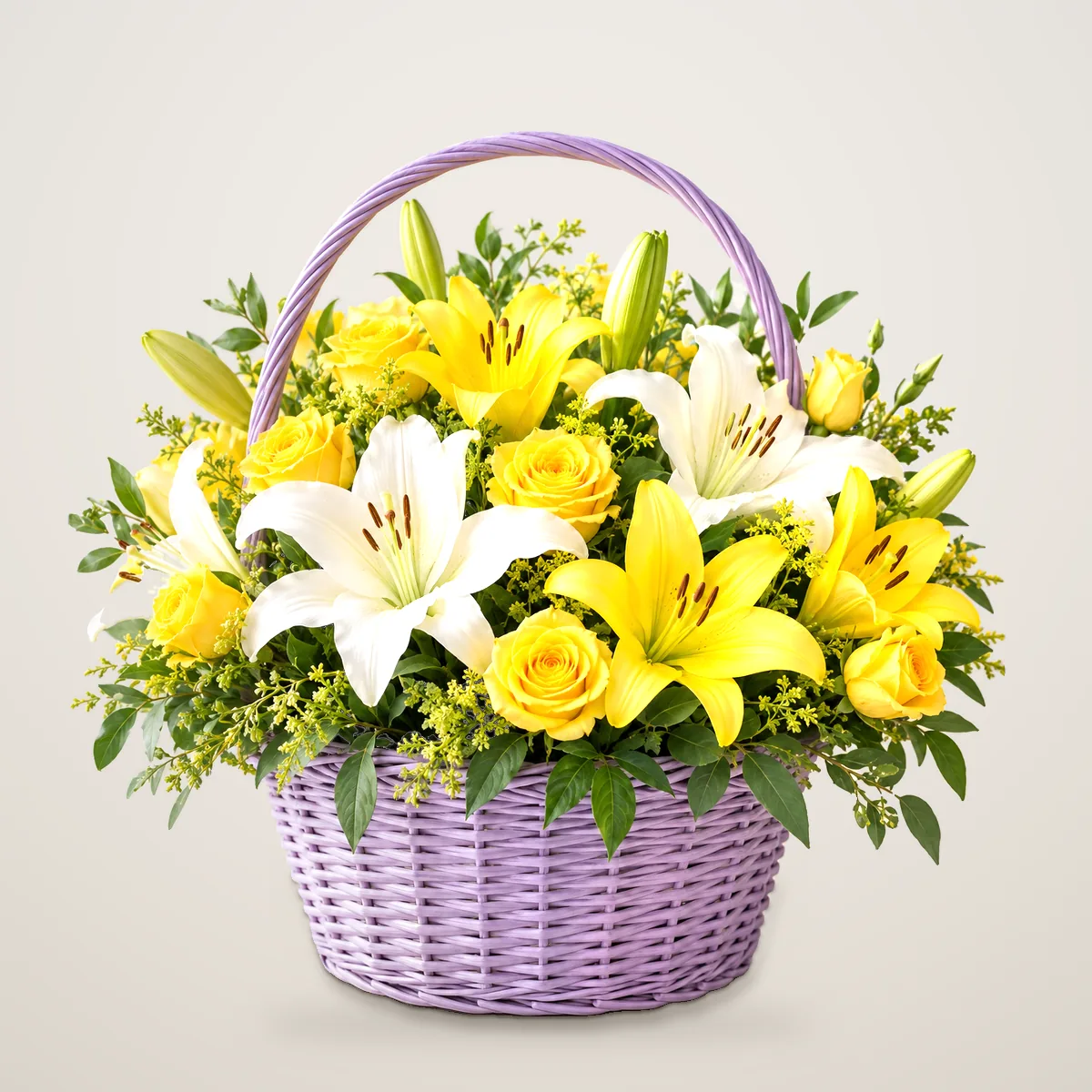 Sunshine in a Basket - yellow and white lilies with yellow roses in a lavender basket | 800petals