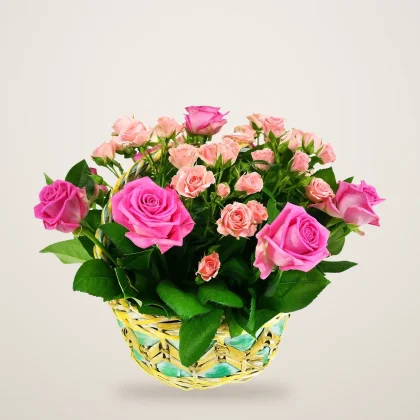 Pink rose basket with pink roses and spray roses in a pastel woven basket