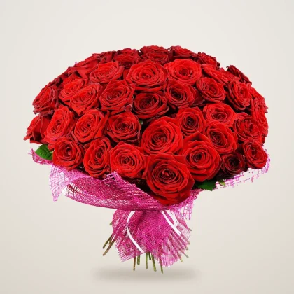 Bouquet of 50 red roses tied with pink organza