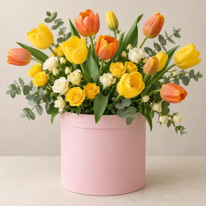 Yellow Glory - yellow and orange tulips with spray roses in a pink hat box | 800petals